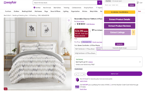 Wayfair Scraper - Export Products & Reviews to CSV :: Export Wayfair product listings, details & reviews to CSV/Excel/JSON in one click.