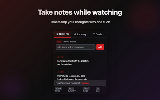 YouTube Notes to Notion & Obsidian - AI Notes :: Take timestamped notes on YouTube and send them to Notion or Obsidian in one click. Full transcript, AI summary and flashcards too.