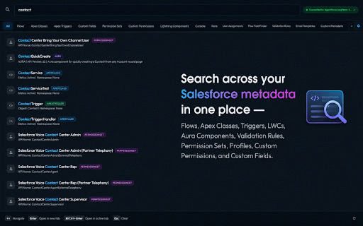 Quick Metadata Search for Salesforce :: Lightning-fast spotlight search to query, inspect, and manage Salesforce metadata, Apex code, custom fields, and permissions.