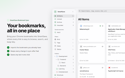 SmartSave Bookmark Sync :: Sync your Chrome bookmarks to SmartSave in real-time and save any page with one click.