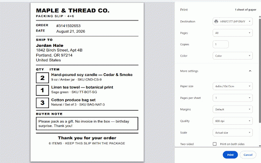 Etsy 4x6 Packing Slip — Beta :: Print a local 4x6 thermal packing slip from an Etsy seller order page. Unsupported layouts will not print.