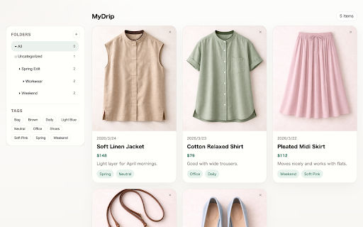 MyDrip :: Visual bookmarks for fashion items with images and saved prices.