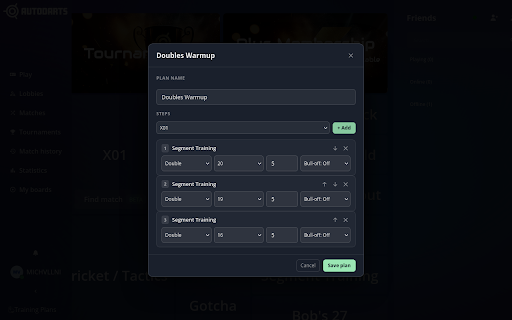 Autodarts Training Plans :: Adds a training plans overlay to play.autodarts.io so you can play back-to-back game sessions hands-free.