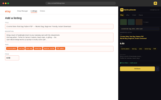 MyShopRender :: AI listing generator for Etsy, eBay, Vinted, Depop & Shopify. Drop in your photos - get a complete listing, auto-filled in seconds.