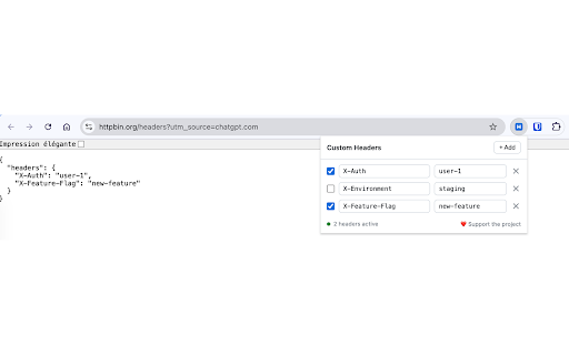 Simple Header Modifier :: Add custom HTTP headers to your requests. Toggle them on and off from the popup.
