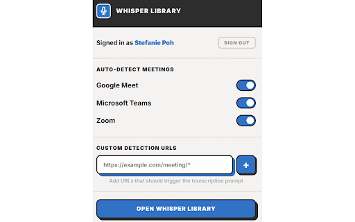 Whisper Library - Meeting Transcriber :: Detect online meetings (Google Meet, Teams, Zoom) and transcribe them with Whisper Library. Private, in-browser AI.