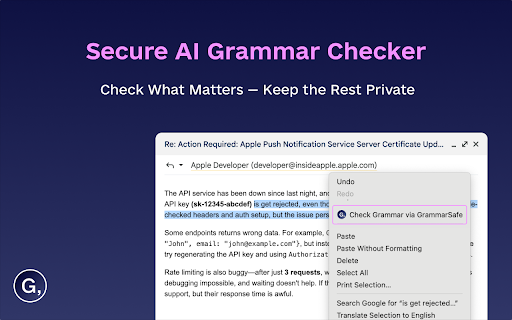 Secure AI Grammar Checker - GrammarSafe :: Proofread selected text via ChatGPT and show corrected text in a pop-up.