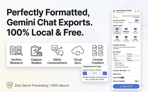 Gemini Export Studio :: Save and share your Gemini conversations your way — completely free, unlimited, no watermarks, and 100% private local processing.
