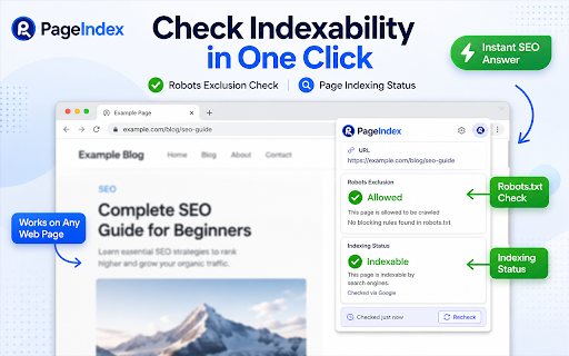 PageIndex - Robots Exclusion and Page Indexing Status Checker :: Check page indexing status, Robots.txt, and Meta Robots tags in one click.