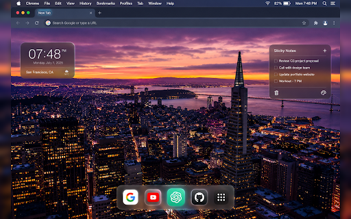 macOS Aesthetic Live Wallpaper New Tab :: Transform your new tab into a high-end macOS-inspired desktop with a live video wallpaper, glass widgets, a magnifying dock.
