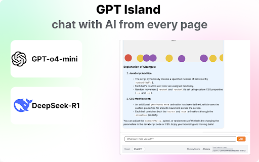 GPT Island ๐๏ธ โ AI Chat on Any Webpage (ChatGPT & DeepSeek) :: Chat instantly with ChatGPT or DeepSeek on any website.