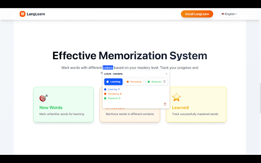 LangLearn :: Highlight words, set learning status, and track your vocabulary visually while browsing any website.