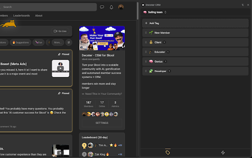 Decster CRM for Skool :: Automate Skool follow-ups, tag members, manage pipelines, notes, tasks, and your team — all inside one CRM side panel.