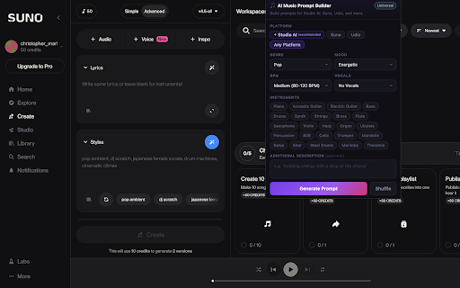 AI Music Prompt Builder :: Build structured AI music prompts for Studio AI, Suno, Udio, and more. Pick your genre, mood, and style — copy in one click.