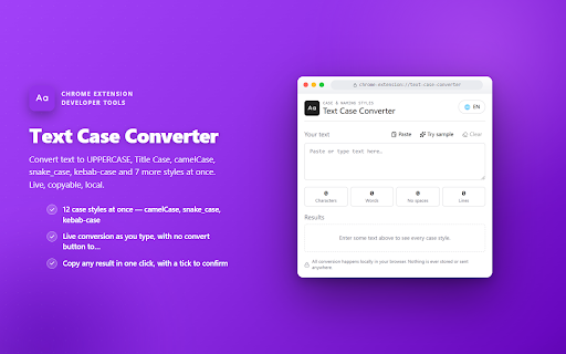 Text Case Converter :: Convert text between UPPERCASE, Title Case, camelCase, snake_case, kebab-case and more. Live preview, copy, fully local.