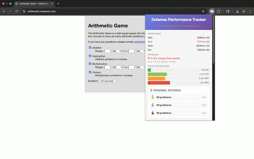 Zetamac Performance Tracker :: Track your arithmetic performance on Zetamac.com with detailed statistics, personal records, and achievement badges.