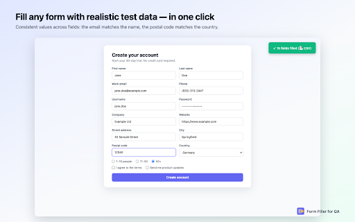 Form Filler for QA – AI Test Data Generator :: Form filler for QA: generate realistic valid, invalid & edge-case test data. Export bug reports, personas & test code.