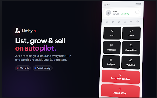 Listley - AI Depop Seller Automator :: Put your Depop shop on autopilot — AI relisting, offers, follows, messaging & analytics in one tool.