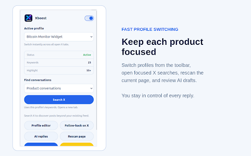Xboost :: Find relevant X conversations with local scoring and optional Codex AI drafts. Review and send replies yourself.