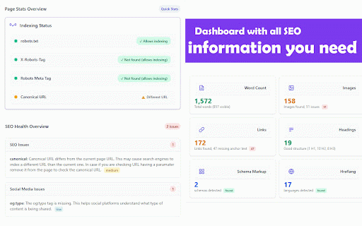 SEO Action Plan Extension :: Analyze SEO meta tags, social tags, schema markup & performance. Detect duplicates, missing tags & actionable SEO insights instantly