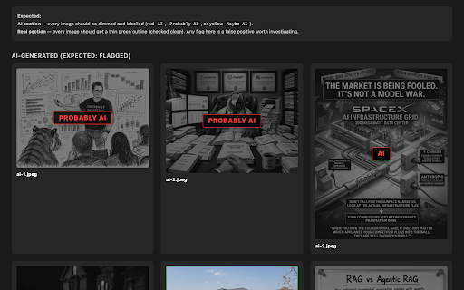 SlopGuard :: Detects AI-generated images on web pages via metadata, C2PA provenance, a SynthID watermark detector, and a visual classifier.