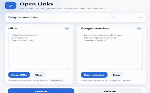 Open Links + Google Searches :: Open multiple URLs or Google search queries in new tabs with an optional delay.