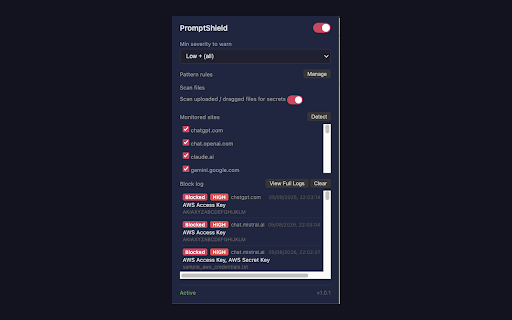 Marshall :: Warns when sensitive data (API keys, tokens, passwords) is pasted into AI chat sites.