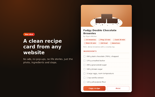 Recipe Extractor - Clean Recipe Card & Print :: Recipe extractor turns any recipe page into a clean card: ingredients, steps, photo and a print view. No ads, fully local.
