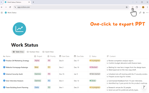 Notion to PPT Generator :: Convert Notion pages & databases into professional PowerPoint presentations with 1 click. Smart multi-engine layout support.