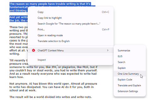 ChatGPT Context Menu :: Select text and send it to OpenAI ChatGPT. Prepend prompts to add instructions or search.