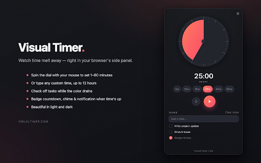 Visual Timer :: A beautiful visual countdown timer. Spin the dial to set it, watch the color melt away.
