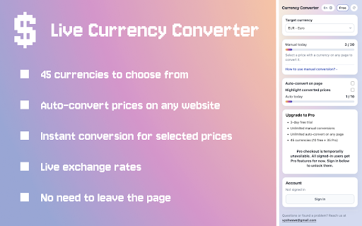 Live Currency Converter - Prices & Rates :: Currency converter for any webpage. Convert prices with live rates — select text or auto-convert USD, EUR, GBP & more.