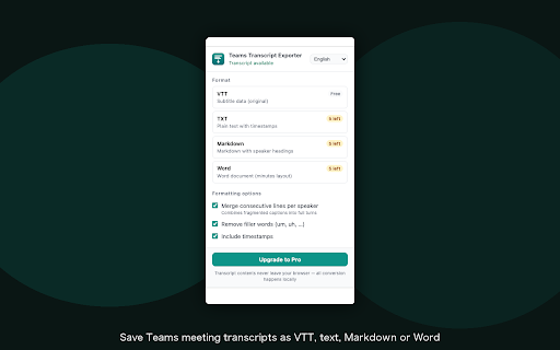 Teams Transcript Exporter :: Teams会議の文字起こしを VTT / テキスト / Markdown / Word 形式で保存。話者ごとの整形にも対応。