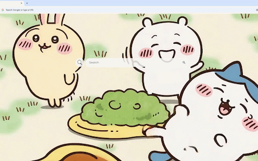 Chiikawa Picnic Live Wallpaper :: Chiikawa trio sharing green food on yellow plate in grassy meadow with cute blushing expressions.