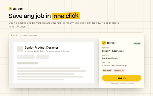 LinProfi: Job Application Tracker :: Save jobs in one click and keep your whole job search organized: roles, companies, stages, notes, and follow-ups.