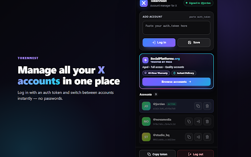 TokenNest — X Token Login & Account Switcher :: Log in to X (Twitter) with an auth_token, manage multiple accounts, and switch in one click. Username & avatar auto-detected.