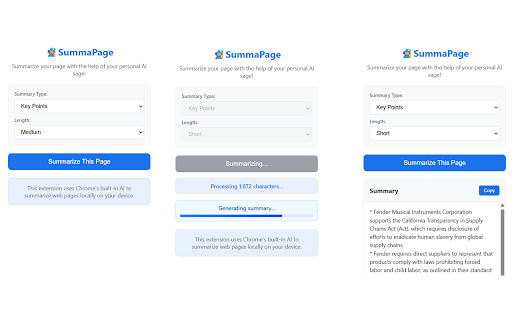 SummaPage :: Instant web page summaries using Chrome's built-in AI. All processing happens locally on your device for complete privacy.