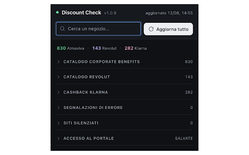 Discount Check :: Ricorda sconti Corporate Benefits, punti Revolut e cashback Klarna mentre fai acquisti online.