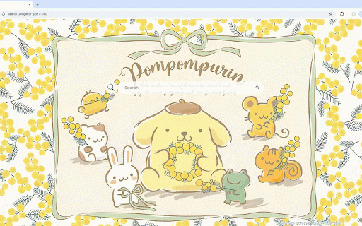 Pompompurin Live Wallpaper :: Golden Pompompurin with friends surrounded by yellow mimosa flowers in soft illustration.
