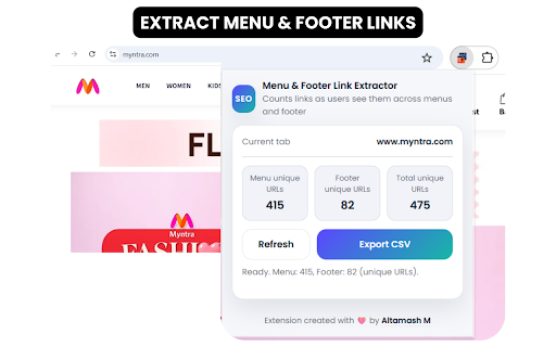 Menu & Footer Link Extractor (SEO) :: Extract menu and footer navigation links from the current webpage and export them as a CSV file.