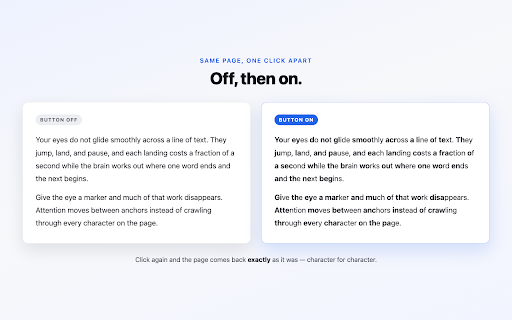 Fast Read — Bionic Toggle :: Toggle bionic reading (bold word prefixes) on any page. No font installation needed.
