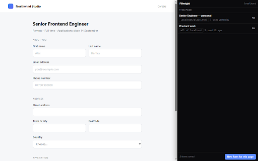 Fillwright — Form Autofill :: Fill saved data into web forms with one click. Works on React, shadow DOM and iframes. Local-only, no account, no tracking.