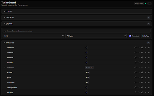 TwineGuard :: In-page variables editor for Twine and similar game engines.
