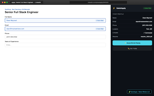 QuickApply - AI Job Application Filler :: Auto-fill job applications with your saved profile in one click. Works on major job boards and ATS platforms. Data stays local.