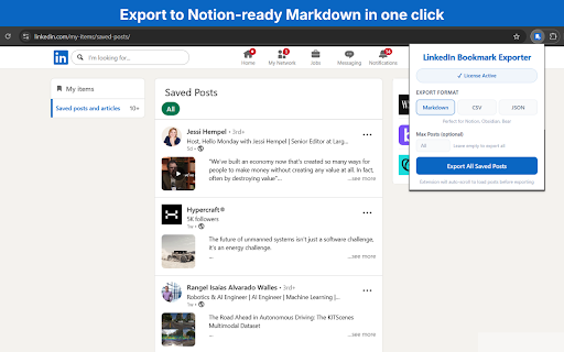 Bulk LinkedIn Bookmark Exporter - Markdown, CSV & JSON :: Export all your LinkedIn saved/bookmarked posts to Markdown, CSV, or JSON