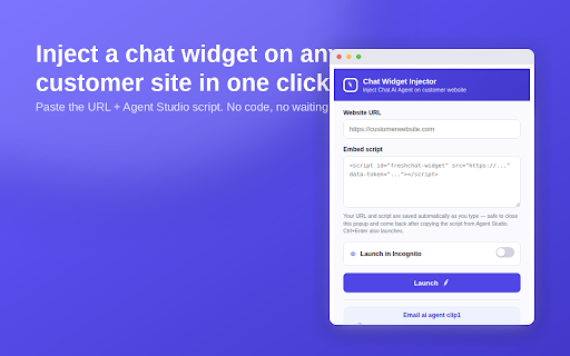 Chat Widget Auto-Injector :: Injects a Freddy AI Agent widget into the site you're viewing and generates business-relevant demo questions for fast L0 demos.