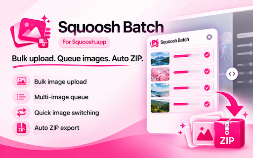 Squoosh Batch: Bulk Image Compressor :: Bulk image compressor for Squoosh.app. Queue multiple images and download compressed results as a ZIP.