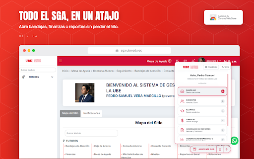 Asistente SGA UBE :: Asistente para tutores de la Universidad Bolivariana del Ecuador. Optimiza tramites, finanzas, reportes y dashboards dentro del SGA.