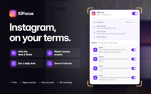 IGFocus — Distraction-Free Instagram, Ghost Mode, Story Saver, Screen Time :: Hide Instagram feed, Reels & Stories. View stories anonymously, read DMs without "Seen", daily time limit, download photos & videos.