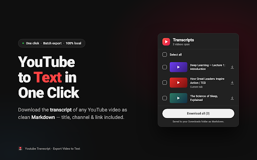 Youtube Transcript - Export Video to Text :: Get YouTube transcripts & download video to text in 1-click. Batch download subtitles as Markdown optimized for ChatGPT & Claude.